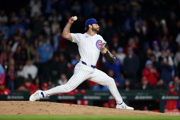 Cubs pitcher Corbin Martin (38) pitches during the ninth inning against the Phillies at Wrigley Field April 20, 2026, in Chicago. (Armando L. Sanchez/Chicago Tribune)