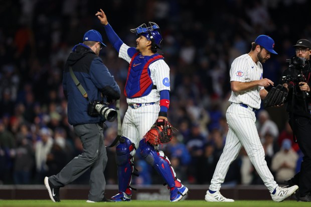 Cubs catcher Miguel Amaya (9) celebrates after the Cubs defeated the Phillies, 5-1, at Wrigley Field April 20, 2026, in Chicago. (Armando L. Sanchez/Chicago Tribune)