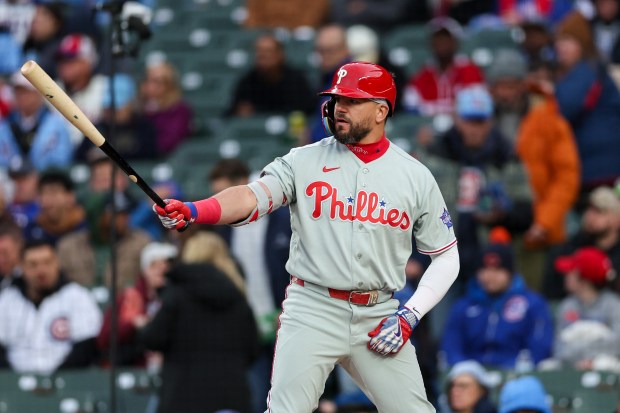 Phillies left fielder Kyle Schwarber (12) stands at the plate during the first inning against the Cubs at Wrigley Field April 20, 2026, in Chicago. (Armando L. Sanchez/Chicago Tribune)