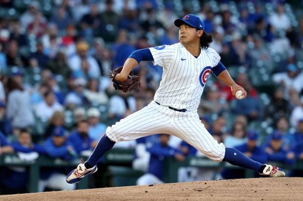 Chicago Cubs starting pitcher Shota Imanaga (18) delivers to the Philadelphia Phillies in the first inning of a game at Wrigley Field in Chicago on April 21, 2026. (Chris Sweda/Chicago Tribune)