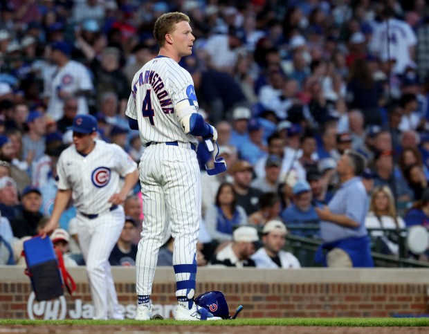 Chicago Cubs center fielder Pete Crow-Armstrong (4) stands at home plate after striking out in the second inning of a game against the Philadelphia Phillies at Wrigley Field in Chicago on April 21, 2026. (Chris Sweda/Chicago Tribune)