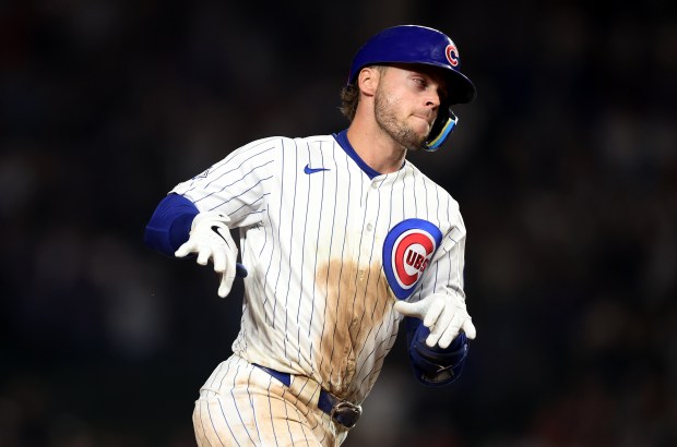 Chicago Cubs second baseman Nico Hoerner (2) rounds the bases after hitting a solo home run in the seventh inning of a game against the Philadelphia Phillies at Wrigley Field in Chicago on April 21, 2026. (Chris Sweda/Chicago Tribune)