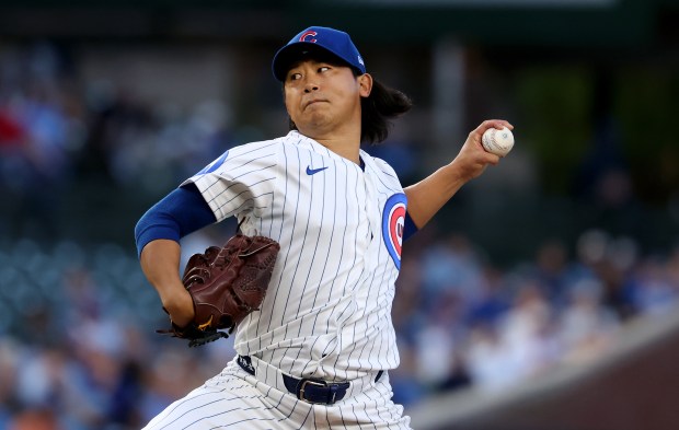 Chicago Cubs staring pitcher Shota Imanaga (18) delivers to the Philadelphia Phillies in the second inning of a game at Wrigley Field in Chicago on April 21, 2026. (Chris Sweda/Chicago Tribune)