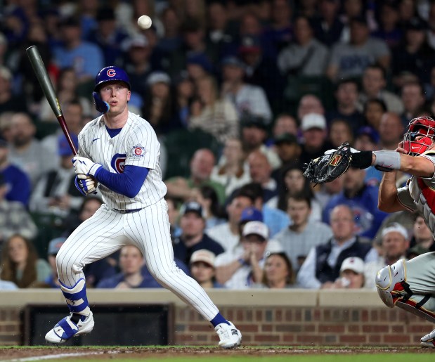 Chicago Cubs center fielder Pete Crow-Armstrong (4) grounds out to the catcher in the seventh inning of a game against the Philadelphia Phillies at Wrigley Field in Chicago on April 21, 2026. (Chris Sweda/Chicago Tribune)