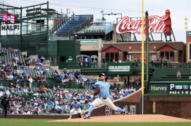 Chicago Cubs starting pitcher Shota Imanaga (18) delivers to the Pittsburgh Pirates in the first inning of a game at Wrigley Field in Chicago on April 10, 2026. (Chris Sweda/Chicago Tribune)
