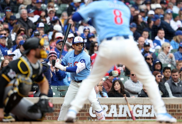 Chicago Cubs right fielder Seiya Suzuki stands in the on deck circle while waiting to bat in the second inning of a game against the Pittsburgh Pirates at Wrigley Field in Chicago on April 10, 2026. (Chris Sweda/Chicago Tribune)