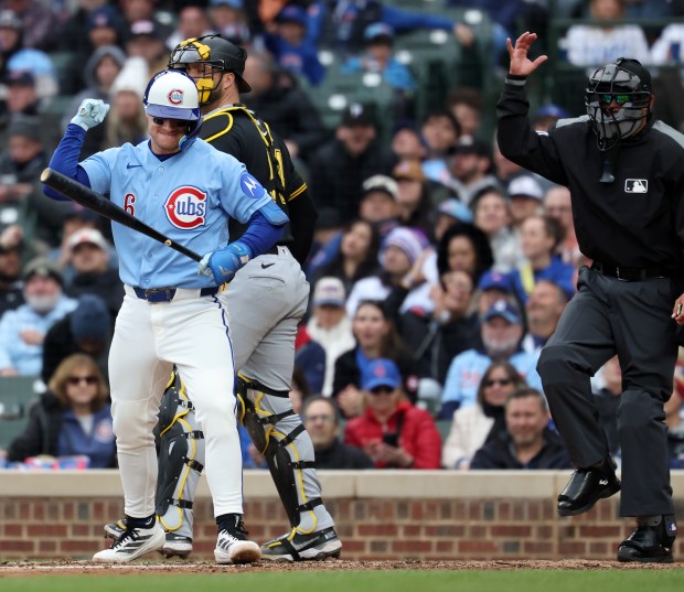 Chicago Cubs pinch hitter Matt Shaw (6) reacts after striking out with the bases loaded to end the sixth inning of a game against the Pittsburgh Pirates at Wrigley Field in Chicago on April 10, 2026. (Chris Sweda/Chicago Tribune)