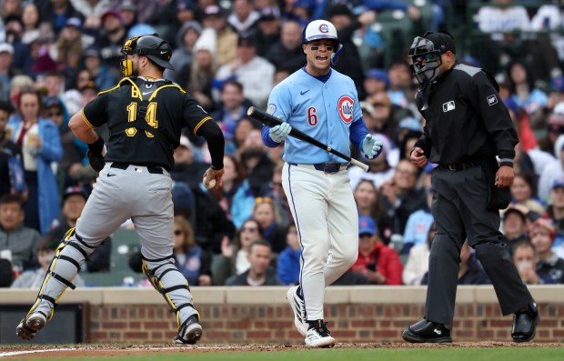 Chicago Cubs pinch hitter Matt Shaw (6) reacts after striking out with the bases loaded to end the sixth inning of a game against the Pittsburgh Pirates at Wrigley Field in Chicago on April 10, 2026. (Chris Sweda/Chicago Tribune)