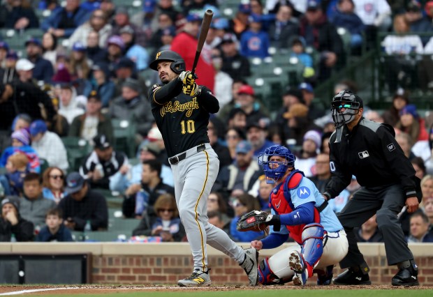 Pittsburgh Pirates left fielder Bryan Reynolds (10) follows through on his two-run home run in the seventh inning of a game against the Chicago Cubs at Wrigley Field in Chicago on April 10, 2026. (Chris Sweda/Chicago Tribune)