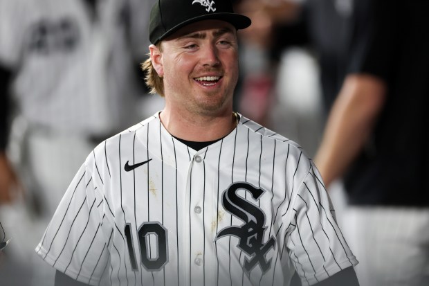 White Sox shortstop Chase Meidroth (10) walks through the dugout before the first inning against the Angels after a three hour rain delay at Rate Field April 27, 2026, in Chicago. (Armando L. Sanchez/Chicago Tribune)