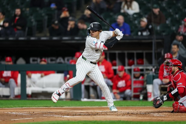 White Sox first baseman Munetaka Murakami (5) stands at the plate during the first inning against the Angels after a three hour rain delay at Rate Field April 27, 2026, in Chicago. (Armando L. Sanchez/Chicago Tribune)