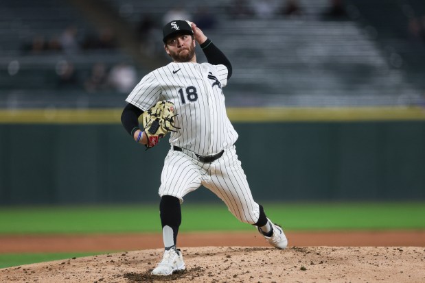 White Sox pitcher Anthony Kay (18) pitches during the fourth inning against the Angels at Rate Field April 27, 2026, in Chicago. (Armando L. Sanchez/Chicago Tribune)