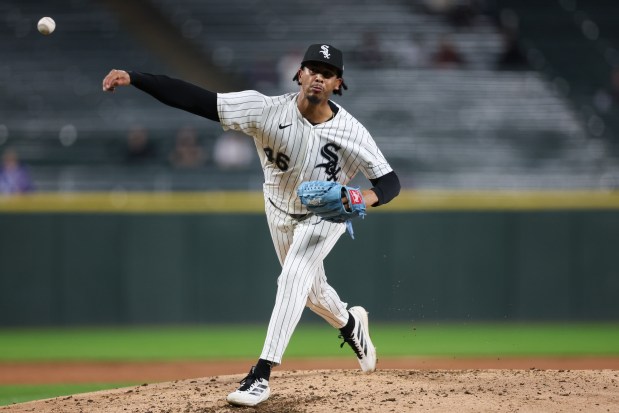 White Sox pitcher Osvaldo Bido (46) pitches during the fifth inning against the Angels at Rate Field April 27, 2026, in Chicago. (Armando L. Sanchez/Chicago Tribune)