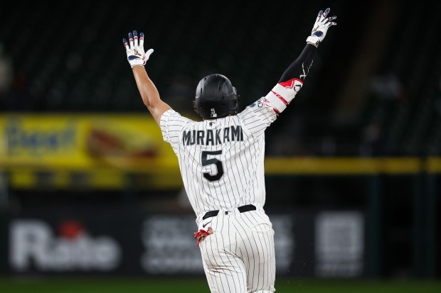 Chicago White Sox first baseman Munetaka Murakami (5) runs the bases after hitting a three-run home run during the seventh inning against the Los Angeles Angels at Rate Field April 27, 2026, in Chicago. (Armando L. Sanchez/Chicago Tribune)