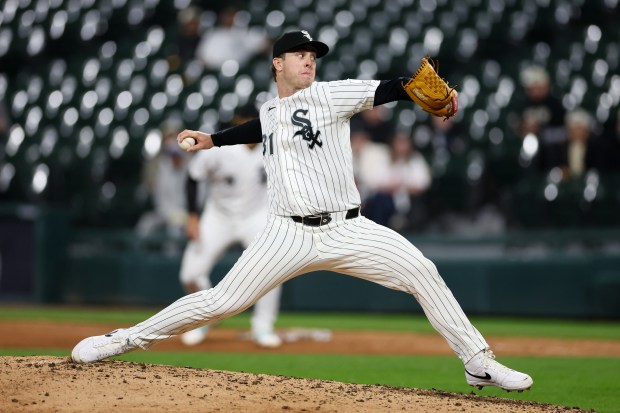 White Sox pitcher Grant Taylor (31) pitches during the ninth inning against the Angels at Rate Field April 28, 2026, in Chicago. (Armando L. Sanchez/Chicago Tribune)