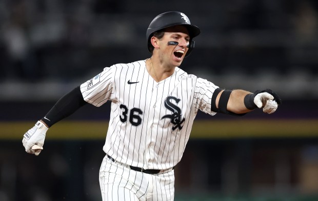Chicago White Sox catcher Drew Romo celebrates as he rounds the bases after hitting a solo home run in the sixth inning of a game against the Los Angeles Angels at Rate Field in Chicago on April 28, 2026. (Chris Sweda/Chicago Tribune)
