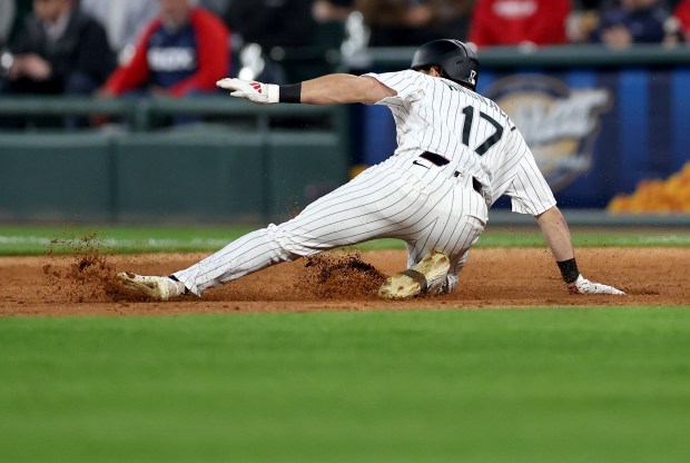 Chicago White Sox second baseman Sam Antonacci (17) loses his balance after rounding first base on a single in the fourth inning of a game against the Los Angeles Angels at Rate Field in Chicago on April 28, 2026. (Chris Sweda/Chicago Tribune)