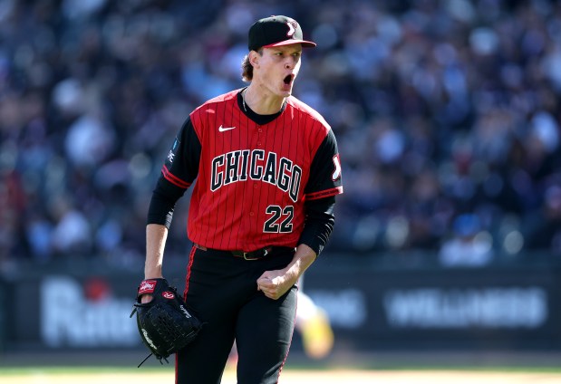 Chicago White Sox starting pitcher Noah Schultz celebrates after shutting down the Washington Nationals in the third inning of a game at Rate Field in Chicago on April 25, 2026. (Chris Sweda/Chicago Tribune)