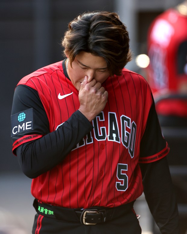 Chicago White Sox third baseman Munetaka Murakami (5) walks through the dugout after striking out in the seventh inning of a game against the Washington Nationals at Rate Field in Chicago on April 25, 2026. (Chris Sweda/Chicago Tribune)