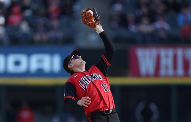 Chicago White Sox shortstop Colson Montgomery (12) catches a pop up in the eighth inning of a game against the Washington Nationals at Rate Field in Chicago on April 25, 2026. (Chris Sweda/Chicago Tribune)