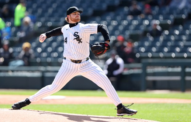Chicago White Sox starting pitcher Shane Smith (64) delivers to the Baltimore Orioles in the first inning of a game at Rate Field in Chicago on April 7, 2026. (Chris Sweda/Chicago Tribune)