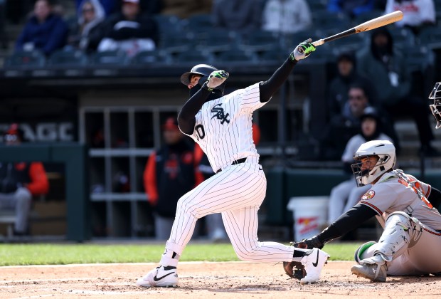 Chicago White Sox first baseman Lenyn Sosa (50) drives in a run on a single in the third inning of a game against the Baltimore Orioles at Rate Field in Chicago on April 7, 2026. (Chris Sweda/Chicago Tribune)
