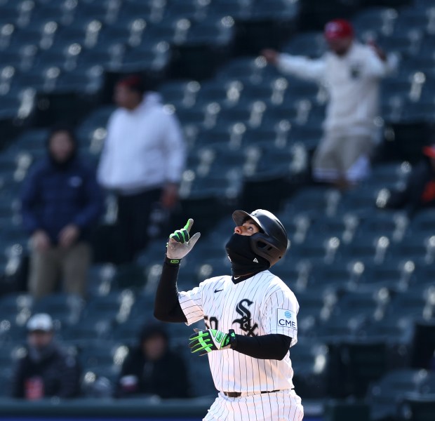 Chicago White Sox first baseman Lenyn Sosa (50) celebrates after driving in a run on a single in the third inning of a game against the Baltimore Orioles at Rate Field in Chicago on April 7, 2026. (Chris Sweda/Chicago Tribune)