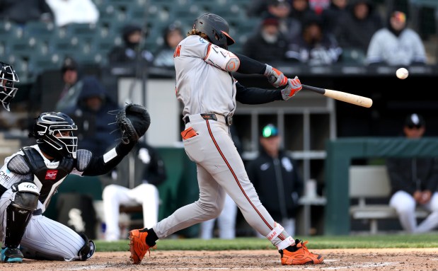Baltimore Orioles designated hitter Gunnar Henderson hits a 2-run home run in the eighth inning of a game against the Chicago White Sox at Rate Field in Chicago on April 7, 2026. (Chris Sweda/Chicago Tribune)