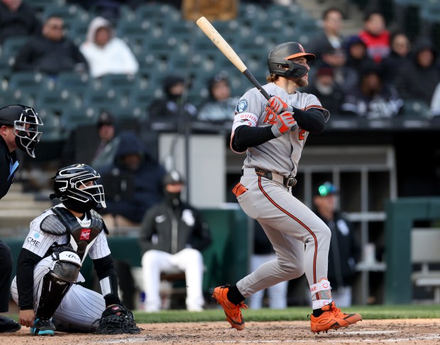 Baltimore Orioles designated hitter Gunnar Henderson hits a 2-run home run in the eighth inning of a game against the Chicago White Sox at Rate Field in Chicago on April 7, 2026. (Chris Sweda/Chicago Tribune)