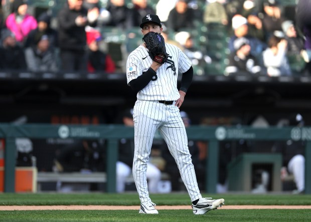 Chicago White Sox relief pitcher Chris Murphy (38) reacts after giving up a 2-run home run to Baltimore Orioles designated hitter Gunnar Henderson in the eighth inning of a game at Rate Field in Chicago on April 7, 2026. (Chris Sweda/Chicago Tribune)