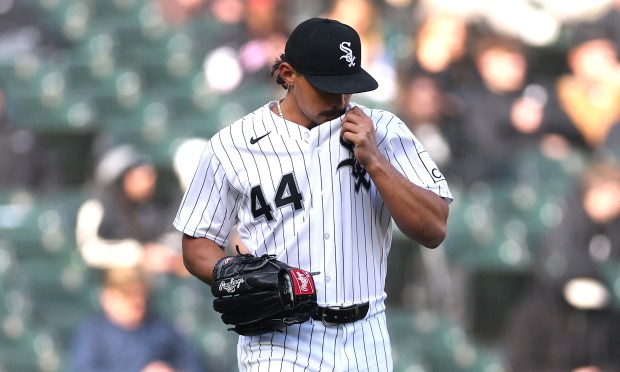 Chicago White Sox relief pitcher Jordan Hicks (44) walks back to the mound after giving up a run on a double to Baltimore Orioles left fielder Taylor Ward in the eighth inning of a game at Rate Field in Chicago on April 7, 2026. (Chris Sweda/Chicago Tribune)
