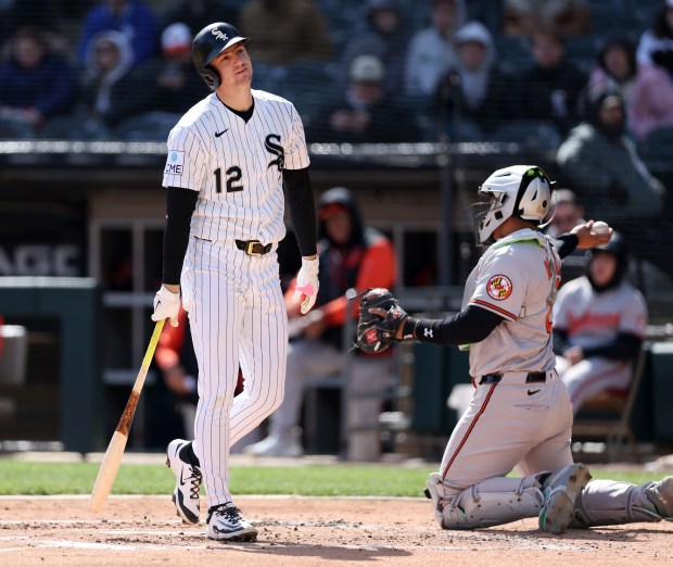 Chicago White Sox shortstop Colson Montgomery (12) walks back to the dugout after striking out in the second inning of a game against the Baltimore Orioles at Rate Field in Chicago on April 7, 2026. (Chris Sweda/Chicago Tribune)