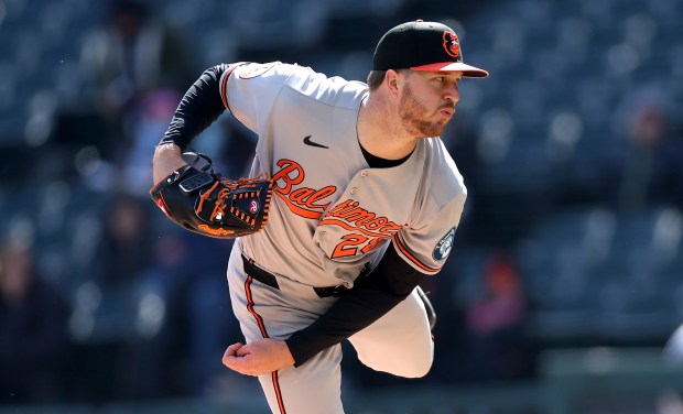 Baltimore Orioles starting pitcher Trevor Rogers (28) follows through on a pitch to the Chicago White Sox in the third inning of a game at Rate Field in Chicago on April 7, 2026. (Chris Sweda/Chicago Tribune)