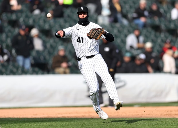 Chicago White Sox third baseman Tanner Murray (41) makes a throw to first base on a ground ball in the seventh inning of a game against the Baltimore Orioles at Rate Field in Chicago on April 7, 2026. (Chris Sweda/Chicago Tribune)