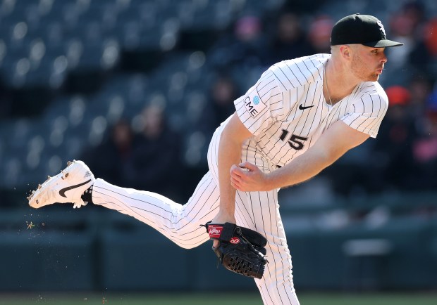 Chicago White Sox relief pitcher Sean Newcomb (15) follows through on a pitch in the fifth inning of a game against the Baltimore Orioles at Rate Field in Chicago on April 7, 2026. (Chris Sweda/Chicago Tribune)