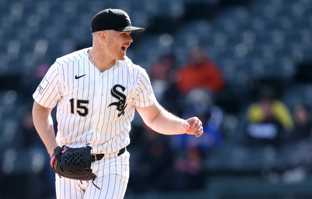 Chicago White Sox relief pitcher Sean Newcomb (15) reacts after a pitch in the fifth inning of a game against the Baltimore Orioles at Rate Field in Chicago on April 7, 2026. (Chris Sweda/Chicago Tribune)