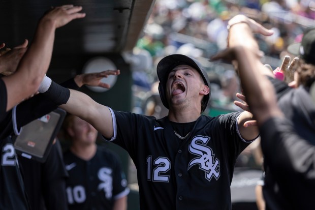 White Sox's Colson Montgomery celebrates after hitting a home run during the fifth inning against the Athletics on April 19, 2026, in West Sacramento, Calif. (AP Photo/Sara Nevis)