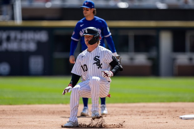 Chicago White Sox shortstop Chase Meidroth (10) stops at second base during the first inning of a game against the Toronto Blue Jays at Rate Field on Sunday, April 5, 2026. (Josh Boland/Chicago Tribune)