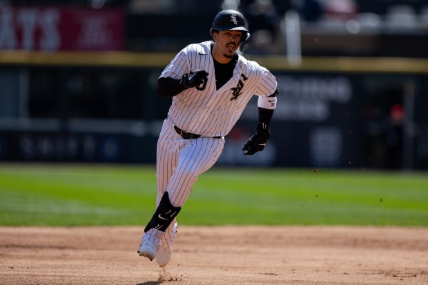 Chicago White Sox third baseman Miguel Vargas runs towards third base during the first inning of a game against the Toronto Blue Jays at Rate Field on Sunday, April 5, 2026. (Josh Boland/Chicago Tribune)