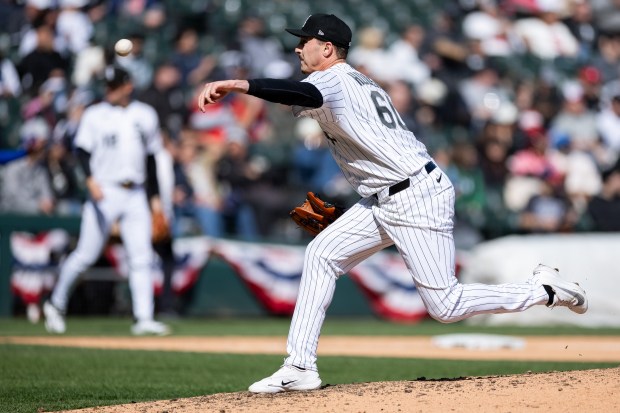 Chicago White Sox pitcher Bryan Hudson (60) pitches during the seventh inning of a game against the Toronto Blue Jays at Rate Field on Sunday, April 5, 2026. (Josh Boland/Chicago Tribune)