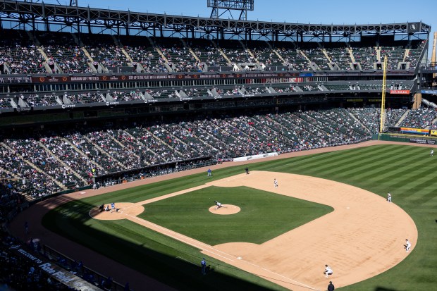 Chicago White Sox pitcher Jordan Leasure (49) throws a pitch as Toronto Blue Jays right fielder Nathan Lukes (38) prepares to swing during the eighth inning of a game at Rate Field on Sunday, April 5, 2026. (Josh Boland/Chicago Tribune)