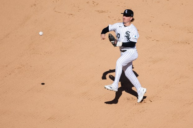 Chicago White Sox shortstop Chase Meidroth (10) throws to first base during the eighth inning of a game against the Toronto Blue Jays at Rate Field on Sunday, April 5, 2026. (Josh Boland/Chicago Tribune)