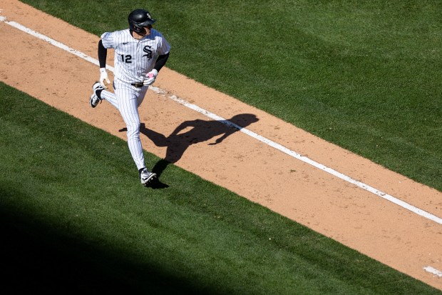 Chicago White Sox shortstop Colson Montgomery (12) runs to first base during the eighth inning of a game against the Toronto Blue Jays at Rate Field on Sunday, April 5, 2026. (Josh Boland/Chicago Tribune)