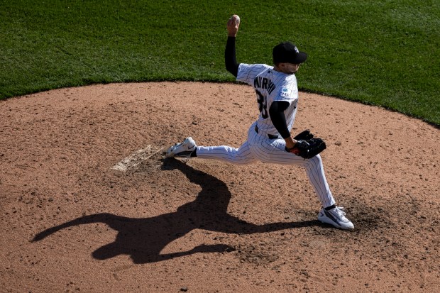Chicago White Sox pitcher Chris Murphy (38) pitches during the ninth inning of a game against the Toronto Blue Jays at Rate Field on Sunday, April 5, 2026. (Josh Boland/Chicago Tribune)