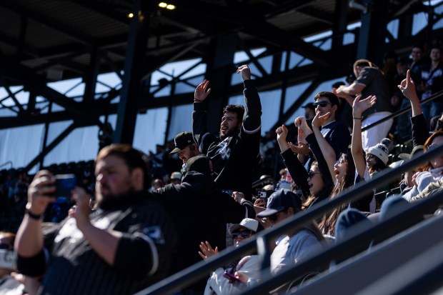 Chicago White Sox fans celebrate after defeating the Toronto Blue Jays at Rate Field on Sunday, April 5, 2026. (Josh Boland/Chicago Tribune)