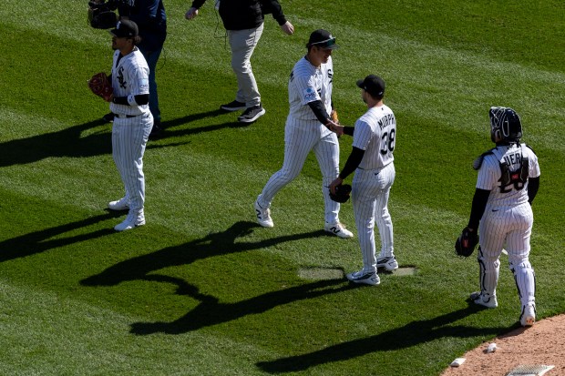 Chicago White Sox third baseman Miguel Vargas, first baseman Munetaka Murakami, pitcher Chris Murphy (38), and catcher Edgar Quero (26) celebrate after defeating the Toronto Blue Jays at Rate Field on Sunday, April 5, 2026. (Josh Boland/Chicago Tribune)