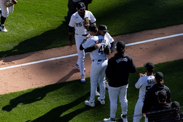 Chicago White Sox players celebrate after defeating the Toronto Blue Jays at Rate Field on Sunday, April 5, 2026. (Josh Boland/Chicago Tribune)