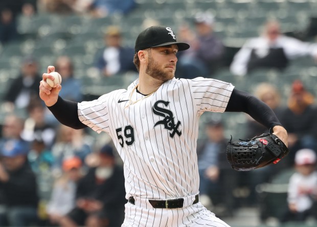 White Sox starting pitcher Sean Burke throws against the Orioles in the first inning at Rate Field on April 8, 2026, in Chicago. (John J. Kim/Chicago Tribune)
