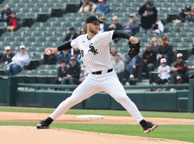 White Sox starting pitcher Sean Burke throws against the Orioles in the first inning at Rate Field on April 8, 2026, in Chicago. (John J. Kim/Chicago Tribune)
