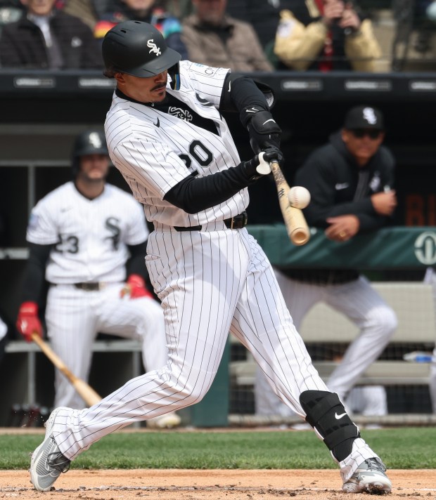 White Sox designated hitter Miguel Vargas fouls off a pitch in the first inning against the Orioles at Rate Field on April 8, 2026, in Chicago. (John J. Kim/Chicago Tribune)